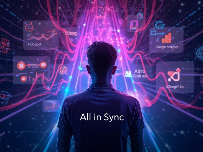 A marketer surrounded by glowing analytics dashboards and data integrations, symbolizing unified campaign tracking and insight generation in 2025.
