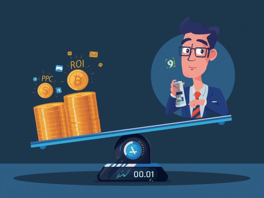 A digital marketer surrounded by glowing logos of Google, Meta, TikTok, and LinkedIn, analyzing ROI charts to decide the best performance marketing channels for 2025.