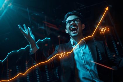 A marketer surrounded by glowing analytics charts and ROI dashboards representing how to measure performance marketing success in 2025.