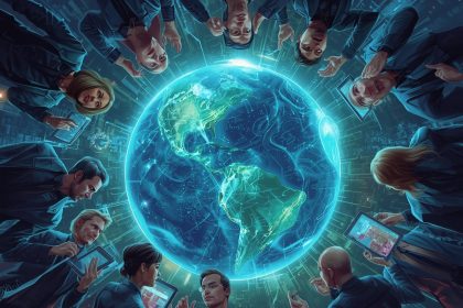 A marketer analyzing a glowing real-time marketing analytics dashboard displaying live campaign results and ROI metrics for 2025.