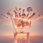 A glowing digital shopping cart surrounded by 2025’s trending products and eCommerce growth visuals.