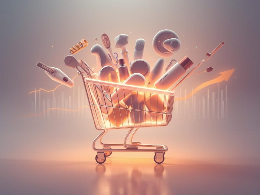 A glowing digital shopping cart surrounded by 2025’s trending products and eCommerce growth visuals.