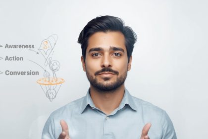 Digital marketer transforming website clicks into customers through a glowing funnel, representing the essence of conversion rate optimization.