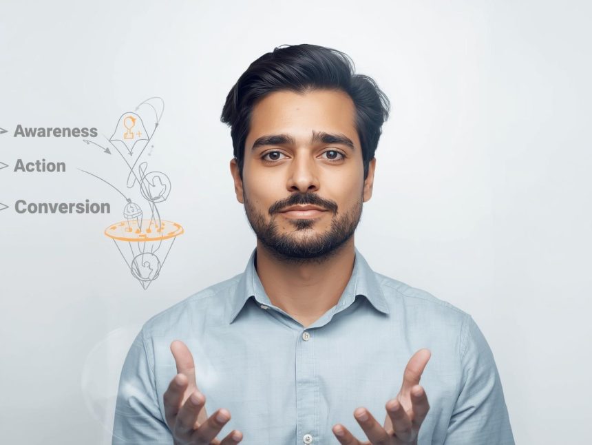 Digital marketer transforming website clicks into customers through a glowing funnel, representing the essence of conversion rate optimization.