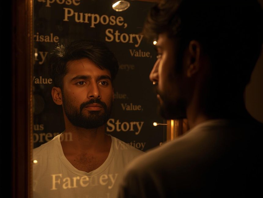 A professional revealing their true self beneath dull layers, symbolizing discovering personal brand identity through purpose, story, and unique value.