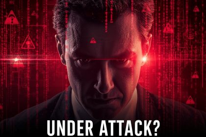 Business leader illuminated by red cybersecurity alert screens, symbolizing cyber-crisis preparedness and protection in the digital age.