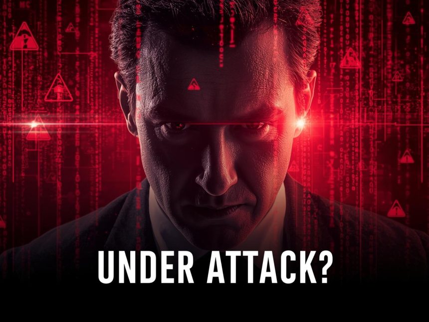 Business leader illuminated by red cybersecurity alert screens, symbolizing cyber-crisis preparedness and protection in the digital age.