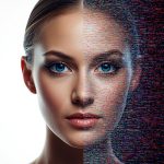 A split-face image showing one side brightly lit and confident, while the other side fades into digital static, symbolizing the difference between being visible or lost in online search.