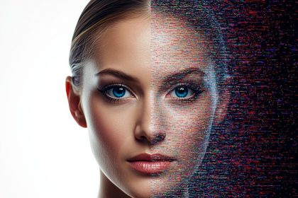 A split-face image showing one side brightly lit and confident, while the other side fades into digital static, symbolizing the difference between being visible or lost in online search.