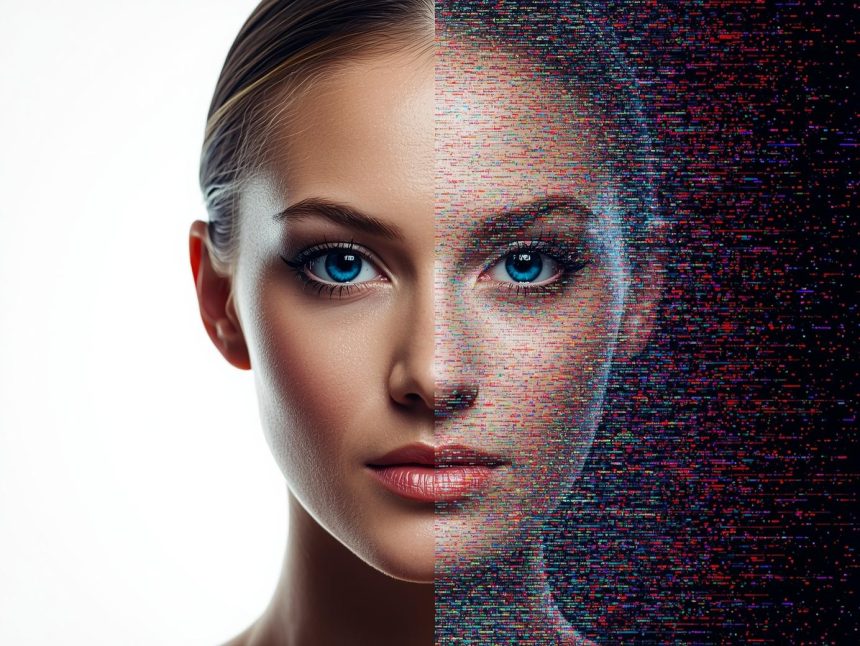 A split-face image showing one side brightly lit and confident, while the other side fades into digital static, symbolizing the difference between being visible or lost in online search.