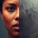 A split-face image showing one side speaking boldly into the light and the other side fading into a blurred crowd, symbolizing the difference between thought leadership and blending into the noise.