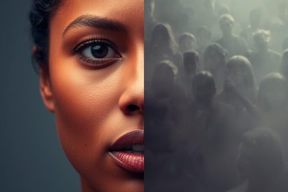 A split-face image showing one side speaking boldly into the light and the other side fading into a blurred crowd, symbolizing the difference between thought leadership and blending into the noise.