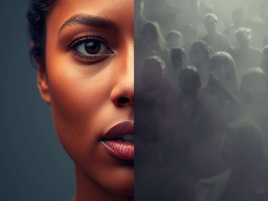 A split-face image showing one side speaking boldly into the light and the other side fading into a blurred crowd, symbolizing the difference between thought leadership and blending into the noise.