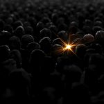 A single glowing brand emerging from a crowd of faded competitors, symbolizing effective brand positioning and inspiration for 2025 success.