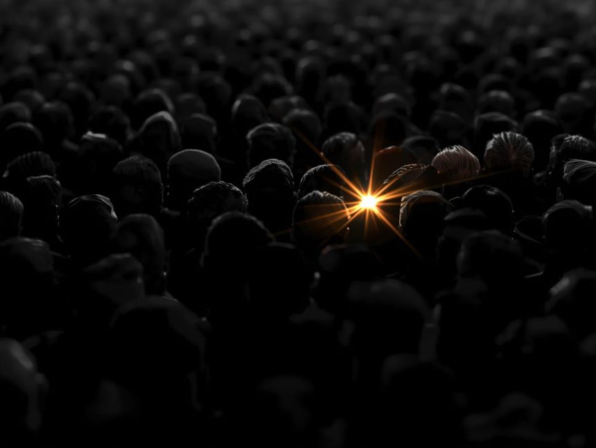 A single glowing brand emerging from a crowd of faded competitors, symbolizing effective brand positioning and inspiration for 2025 success.