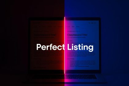 Marketer typing optimized product titles, bullet points, and descriptions on a glowing laptop, symbolizing persuasive and SEO-driven e-commerce copywriting.