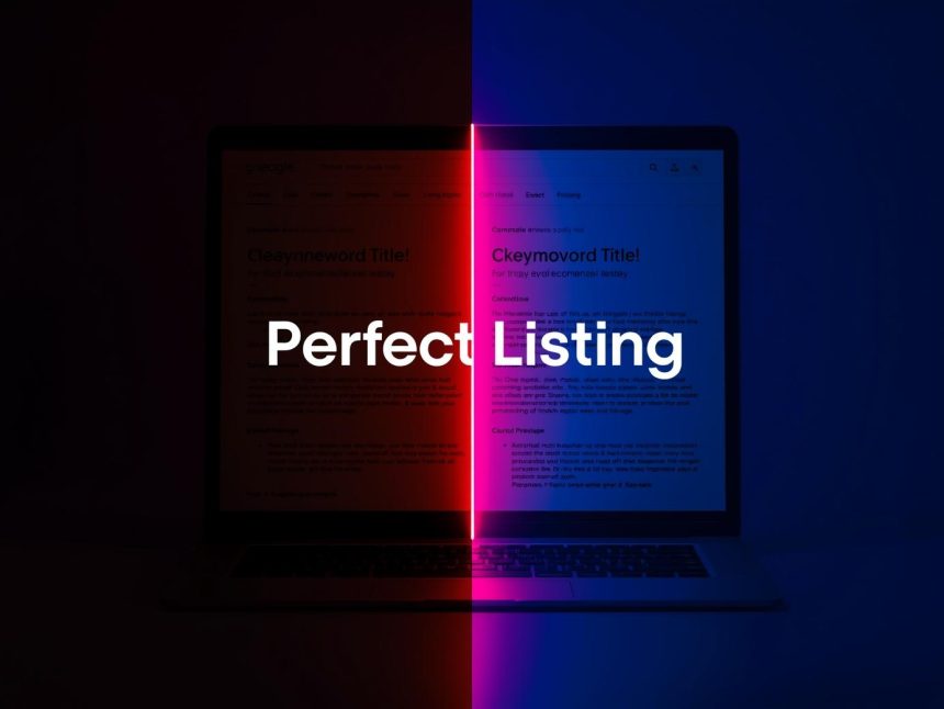 Marketer typing optimized product titles, bullet points, and descriptions on a glowing laptop, symbolizing persuasive and SEO-driven e-commerce copywriting.