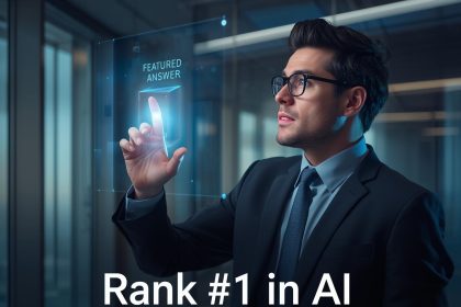 A marketer using AI tools to optimize structured answers, representing how Answer Engine Optimization (AEO) helps brands rank in AI-driven search results.