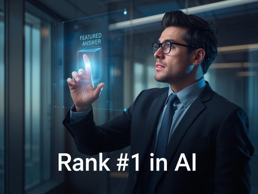A marketer using AI tools to optimize structured answers, representing how Answer Engine Optimization (AEO) helps brands rank in AI-driven search results.