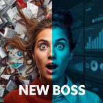 A person emotionally reacting to a decentralized AI agent emerging from a blockchain network, with vibrant tech visuals and futuristic energy.