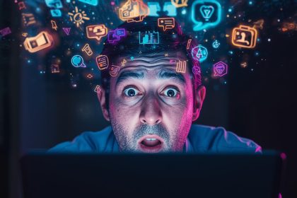 AI-powered content creator generating glowing ideas and creative sparks in a futuristic digital workspace.