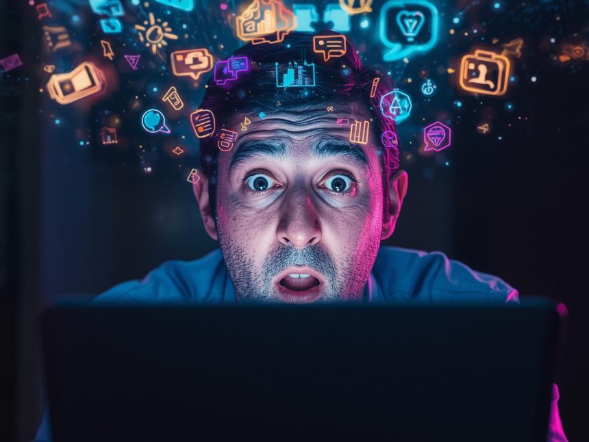 AI-powered content creator generating glowing ideas and creative sparks in a futuristic digital workspace.