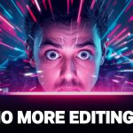 A person reacting emotionally to AI-enhanced visuals on a screen, with vibrant colors and futuristic editing elements.