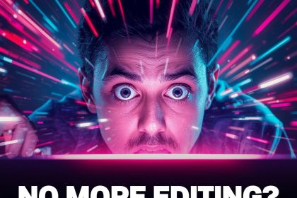 A person reacting emotionally to AI-enhanced visuals on a screen, with vibrant colors and futuristic editing elements.