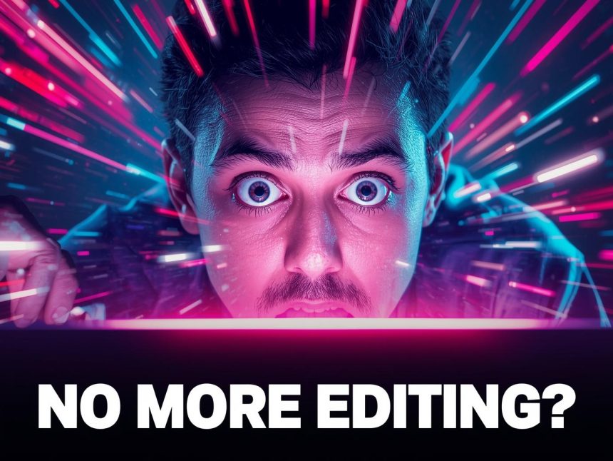 A person reacting emotionally to AI-enhanced visuals on a screen, with vibrant colors and futuristic editing elements.