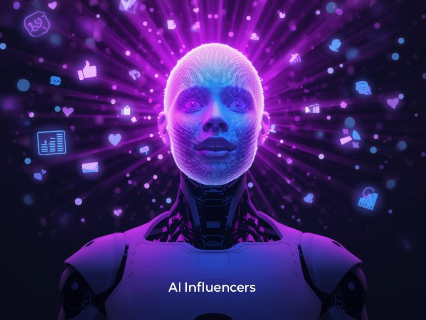 Marketer analyzing holographic influencer data powered by AI, representing the next evolution of influencer marketing with intelligent discovery and ROI measurement in 2025.