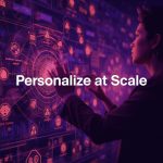 Futuristic marketer using AI and predictive analytics dashboards to deliver hyper-personalized customer experiences at massive scale in 2025.