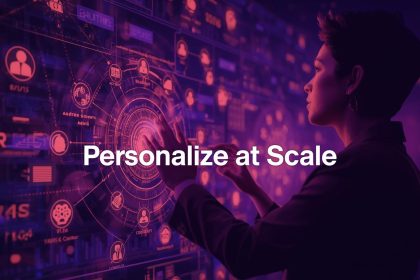 Futuristic marketer using AI and predictive analytics dashboards to deliver hyper-personalized customer experiences at massive scale in 2025.