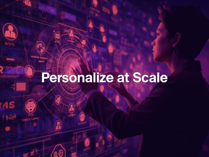 Futuristic marketer using AI and predictive analytics dashboards to deliver hyper-personalized customer experiences at massive scale in 2025.