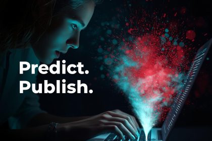 A marketer reacting to a chatbot generating high-performing content, surrounded by predictive analytics and glowing dashboards.