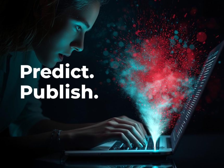 A marketer reacting to a chatbot generating high-performing content, surrounded by predictive analytics and glowing dashboards.