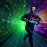 A man sprints through a digital tunnel holding a tablet glowing with “SOCIAL BOOM!” in red and blue, with data streams and a glowing arrow in the background.