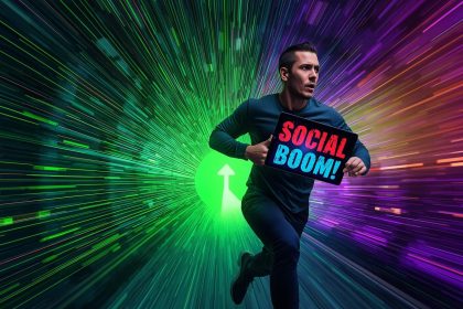 A man sprints through a digital tunnel holding a tablet glowing with “SOCIAL BOOM!” in red and blue, with data streams and a glowing arrow in the background.
