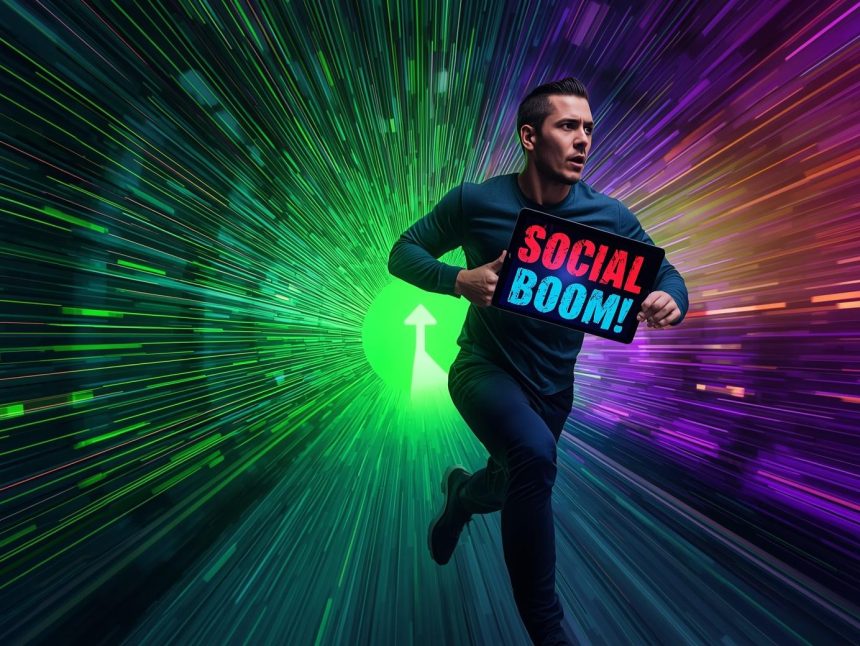 A man sprints through a digital tunnel holding a tablet glowing with “SOCIAL BOOM!” in red and blue, with data streams and a glowing arrow in the background.