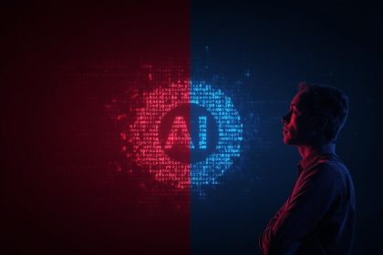 AI-powered reputation repair tool rebuilding a damaged brand image with digital effects and emotional human expression representing trust recovery.