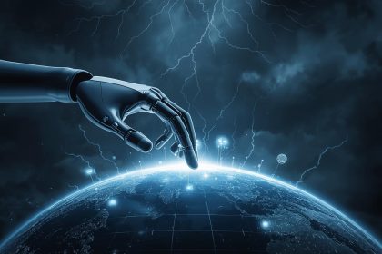 A striking visual representation of artificial intelligence optimizing digital advertising campaigns.