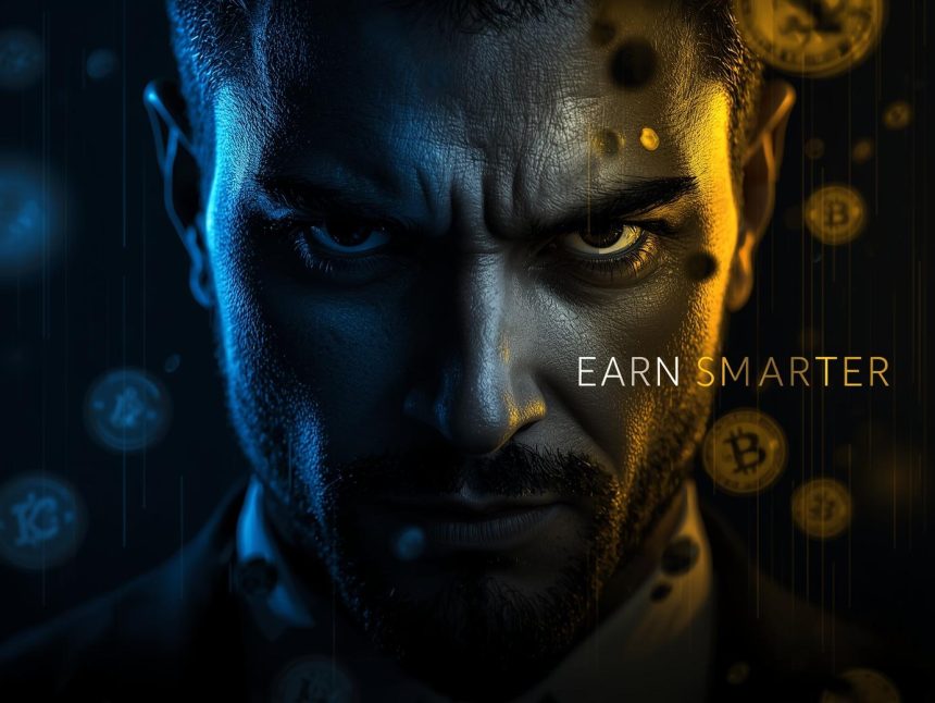 A close-up of a determined affiliate marketer’s face, half-lit in blue and yellow, with digital coins raining down and a faint QR code in the background.