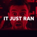 A marketer watches in awe as an AI dashboard autonomously launches a campaign with glowing metrics and digital effects.