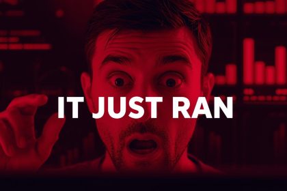 A marketer watches in awe as an AI dashboard autonomously launches a campaign with glowing metrics and digital effects.