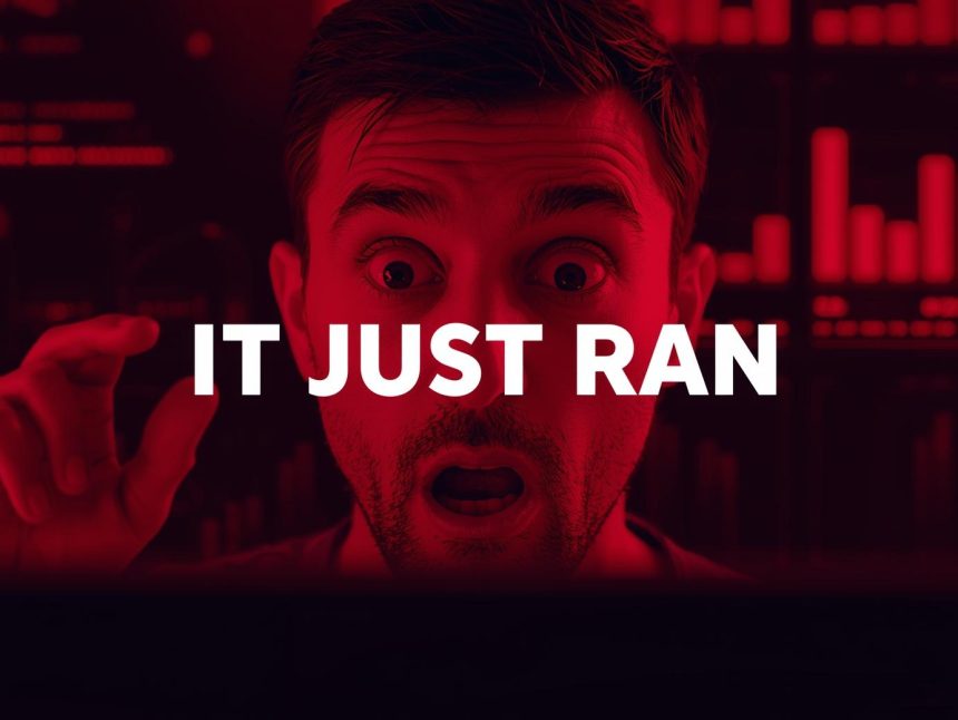 A marketer watches in awe as an AI dashboard autonomously launches a campaign with glowing metrics and digital effects.