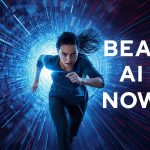 A woman sprints through a digital tunnel, chased by a wave of blue and red binary code, with a determined expression and high-contrast colors.