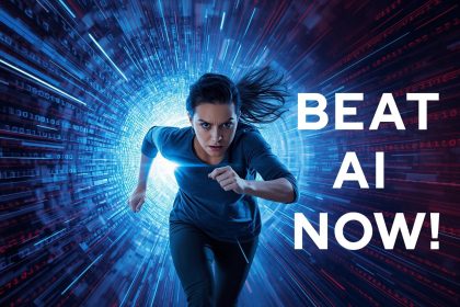 A woman sprints through a digital tunnel, chased by a wave of blue and red binary code, with a determined expression and high-contrast colors.