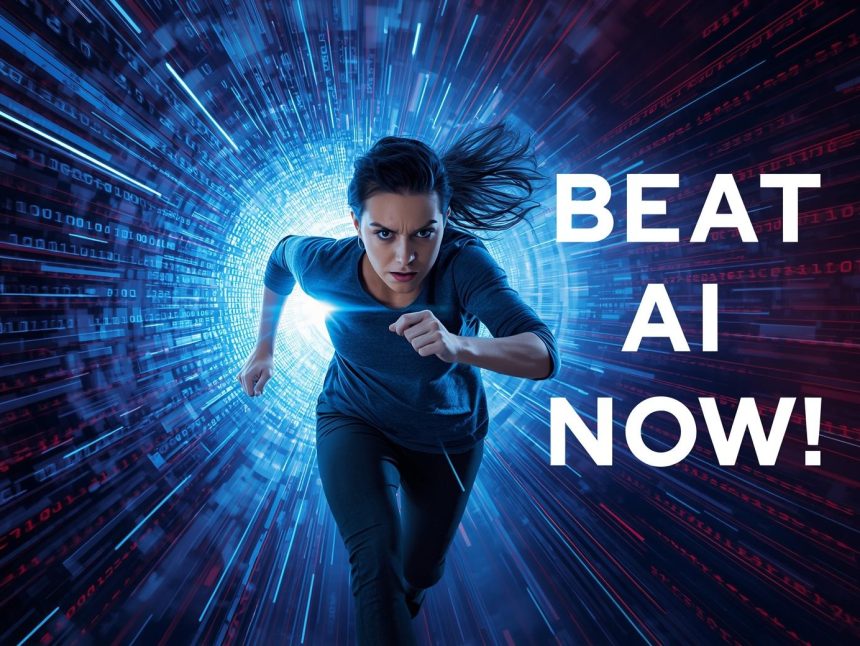 A woman sprints through a digital tunnel, chased by a wave of blue and red binary code, with a determined expression and high-contrast colors.