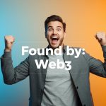 A person emotionally reacting to their content being ranked by a blockchain-powered search engine, with vibrant colors and futuristic SEO visuals.