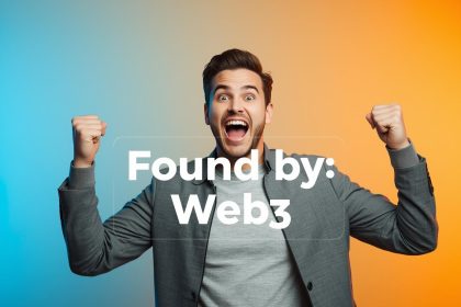 A person emotionally reacting to their content being ranked by a blockchain-powered search engine, with vibrant colors and futuristic SEO visuals.