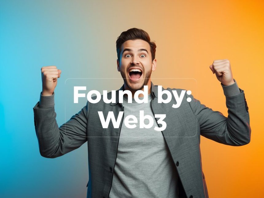 A person emotionally reacting to their content being ranked by a blockchain-powered search engine, with vibrant colors and futuristic SEO visuals.